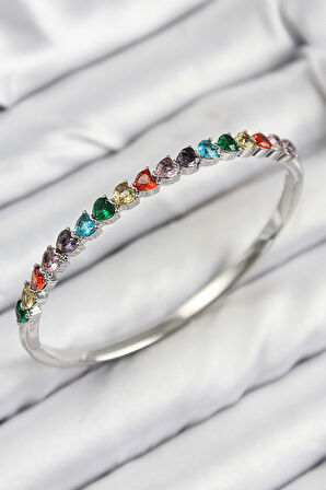 Pirinç Renkli Zirkon Taşlı Kalp Model Gümüş Renk Kadın Kelepçe