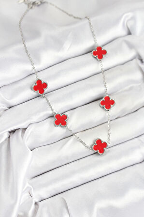 316L Çelik Zincir Gümüş Kırmızı Renk Yonca Kadın Kolye