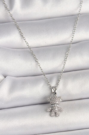 316L Çelik Gümüş Renk Zincir Zirkon Taşlı Ayıcık Figür Kadın Kolye