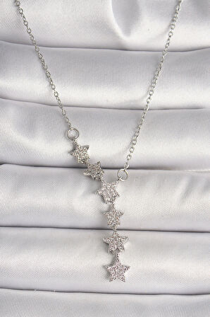 316L Çelik Gümüş Renk Zincir Zirkon Taşlı Yıldız Model Kadın Kolye