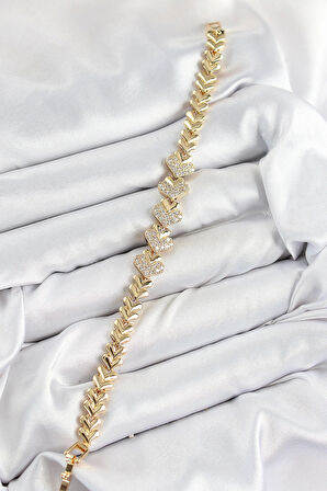 Pirinç Zirkon Taşlı Kalp Model Gold Renk Kadın Bileklik