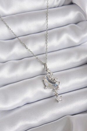 316L Çelik Zincir Gümüş Renk Zirkon Taşlı Ay Model Sallantı Yıldız Detay Kadın Kolye