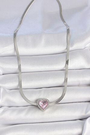 316L Çelik Gümüş Renk İtalyan Zincir Pembe Zirkon Taşlı Kalp Model Kadın Kolye