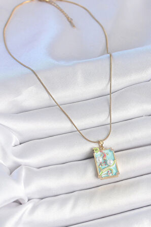 316L Çelik Gold Renk Zincir Mavi Mineli İncili Çiçek İşlemeli Portre Model Kadın Kolye