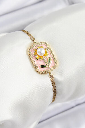 316L Çelik Zincir Pembe Mineli Sanatsal Portre İnci Detaylı Papatya Model Gold Renk Kadın Bileklik