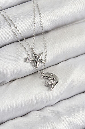 Pirinç Zirkon Taşlı Yıldız Ve Ay Model Gümüş Renk Kadın Kolye