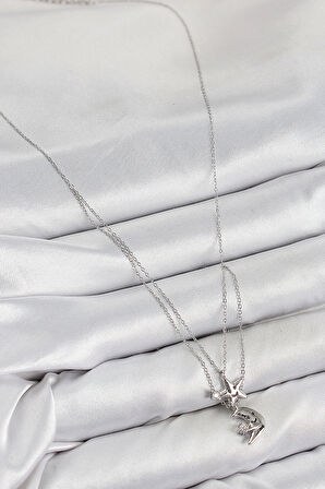 Pirinç Zirkon Taşlı Yıldız Ve Ay Model Gümüş Renk Kadın Kolye