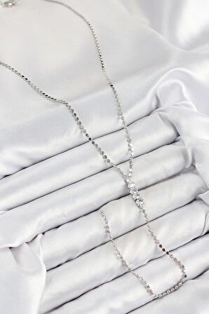 Pirinç Zirkon Taşlı Ezme Zincirli Model Gümüş Renk Y Kolye