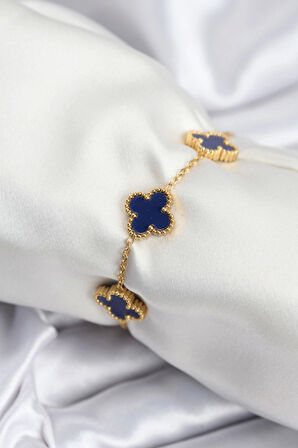 316L Çelik Zincir Gold Renk Lacivert Yonca Kadın Bileklik