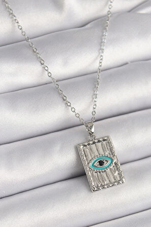 316L Çelik Gümüş Renk Zirkon Taşlı Göz İşleme Detaylı Plaka Model Kadın Kolye