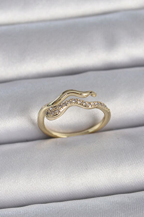 Pirinç Gold Renk Zirkon Taşlı Yılan Ayarlanabilir Model Kadın Yüzük