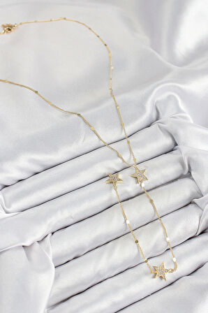 Pirinç Zirkon Taşlı Yıldız Model Gold Renk Y Kolye