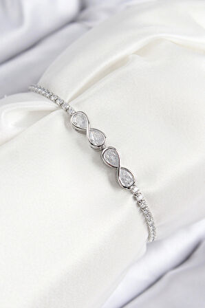 Pirinç Zirkon Taşlı Sonsuzluk Model Gümüş Renk Asansörlü Kadın Bileklik