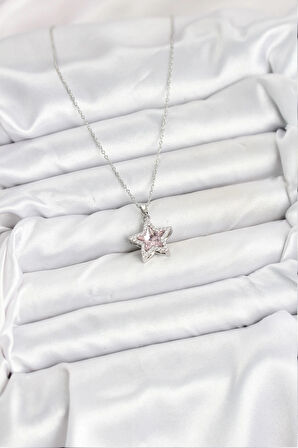 316L Çelik Zincir Gümüş Renk Pembe Taşlı Yıldız Model Kadın Kolye