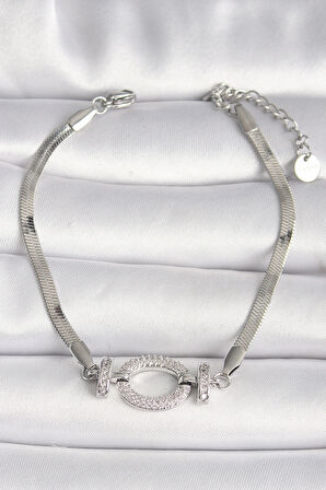 316L Çelik Gümüş Renk İtalyan Zincir Model Zirkon Taşlı Halka Figür Kadın Bileklik