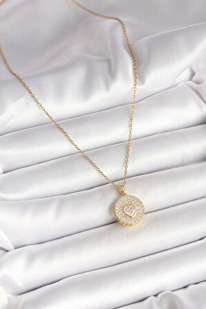316L Çelik Gold Renk Zincir Madalyon Zirkon Taşlı Kalp Model Kadın Kolye