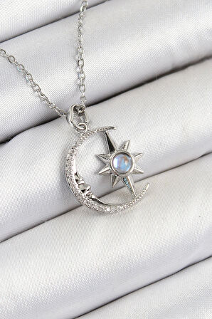 316L Çelik Zirkon Taşlı Kutup Yıldızlı Hilal Model Gümüş Renk Kadın Kolye