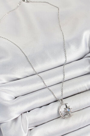 316L Çelik Zirkon Taşlı Kutup Yıldızlı Hilal Model Gümüş Renk Kadın Kolye