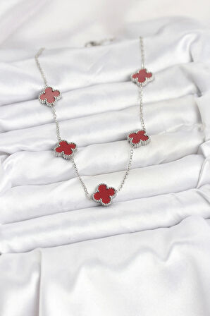 316L Çelik Zincir Gümüş Renk Bordo Renk Yonca Kadın Kolye