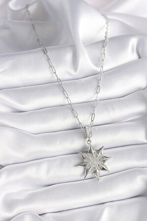 316L Çelik Gümüş Renk Zirkon Taşlı Kutup Yıldızı Model Kadın Kolye