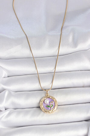316L Çelik Gold Renk Zincir Mor Çiçek İşlemeli İnci Detay Potre Model Kadın Kolye
