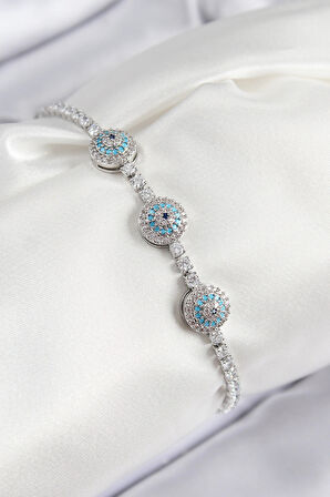 Pirinç Zirkon Taşlı Nazar Model Gümüş Renk Kadın Bileklik