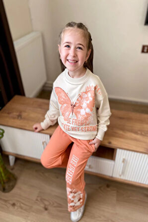 Kelebek Desenli Turuncu Renk Kız Çocuk Takım