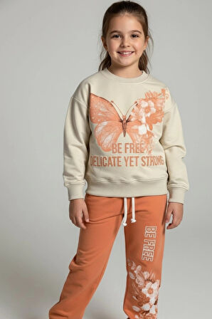 Kelebek Desenli Turuncu Renk Kız Çocuk Takım