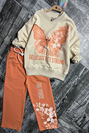 Kelebek Desenli Turuncu Renk Kız Çocuk Takım