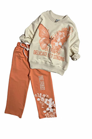 Kelebek Desenli Turuncu Renk Kız Çocuk Takım