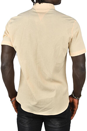 DeepSEA Erkek Bej Gofre Kumaş Hakim Yaka Slim Fit Likralı Çıtçıtlı Kısa Kollu Gömlek 2403018