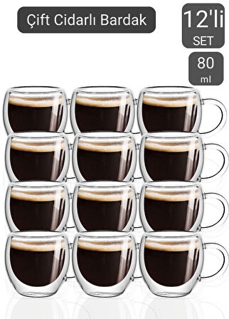 12’li Set Kulplu Espresso Bardağı Doppio Ristretto Bardağı Çift Cidarlı Türk Kahvesi Bardak 80 ml