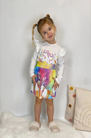 Unicorn Desenli Renkli Kız Çocuk Etekli Takım