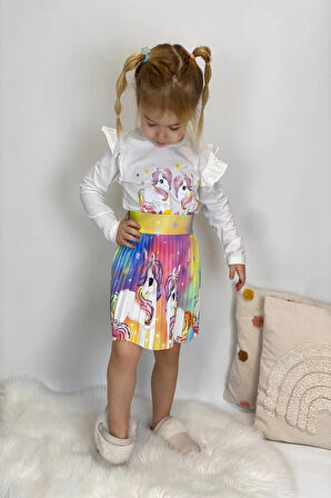 Unicorn Desenli Renkli Kız Çocuk Etekli Takım