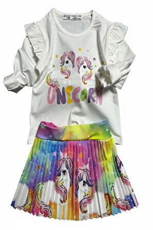 Unicorn Desenli Renkli Kız Çocuk Etekli Takım
