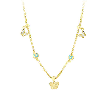 Renkli Mineli Kelebek Altın Kolye