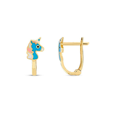 Unicorn Figürlü Altın Çocuk Küpe - 14K - 1.09gr