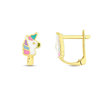 Unicorn Figürlü Altın Çocuk Küpe - 14K - 1.42gr