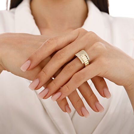 Altın Taşlı Tasarım Yüzük - 14K