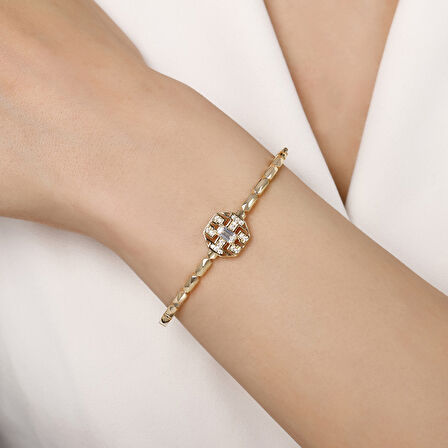 Taşlı Tasarım Altın Kelepçe - 14K - 6.11gr