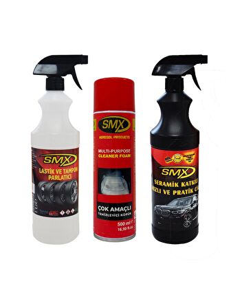 Çok Amaçlı Temizleyici Köpük Sprey 500 ML + Seramik Katkılı Hızlı Ve Pratik Cila + 1 Adet Lastik Parlatma Spreyi