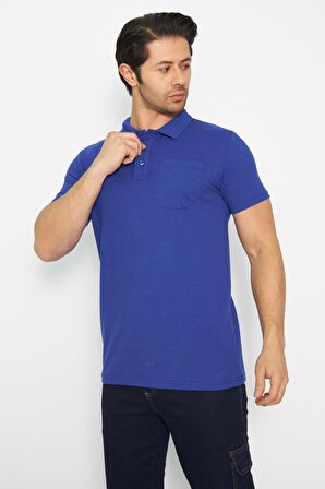 T-shirt Polo Yaka Kısakol %100 Pamuk Cepli Sax Mavi