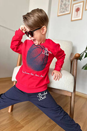 Basketball Yazı Desenli Kırmızı Renk Erkek Çocuk Eşofman Takımı