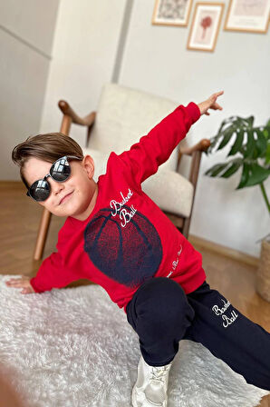 Basketball Yazı Desenli Kırmızı Renk Erkek Çocuk Eşofman Takımı