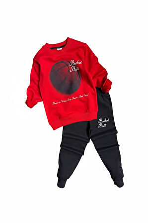 Basketball Yazı Desenli Kırmızı Renk Erkek Çocuk Eşofman Takımı
