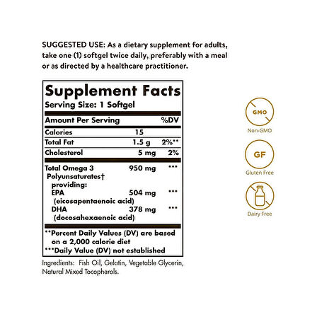 Solgar, Omega-3, Epa & Dha, Triple Strength, 950 Mg, 100 Softgels