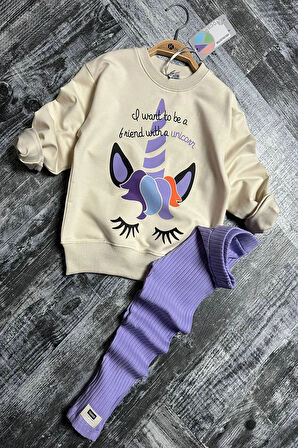 Unicorn Desenli Kız Çocuk Lila Renk Taytlı Takım