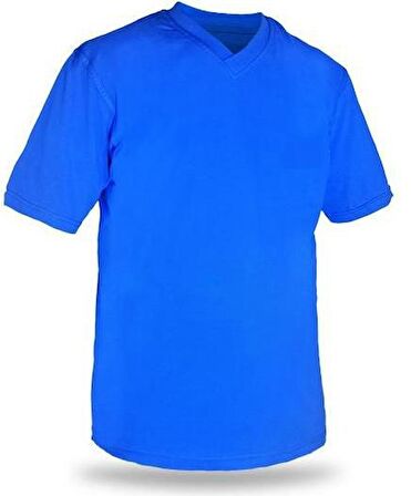 T-shirt V Yaka Kısakol %100 Pamuk Cepli Sax Mavi