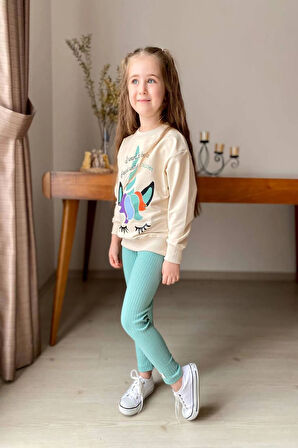 Unicorn Desenli Kız Çocuk Yeşil Renk Taytlı Takım