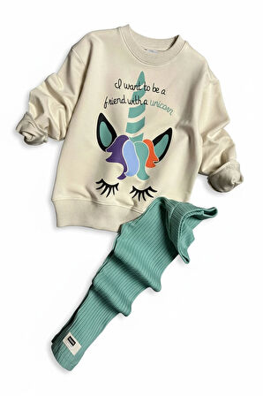 Unicorn Desenli Kız Çocuk Yeşil Renk Taytlı Takım